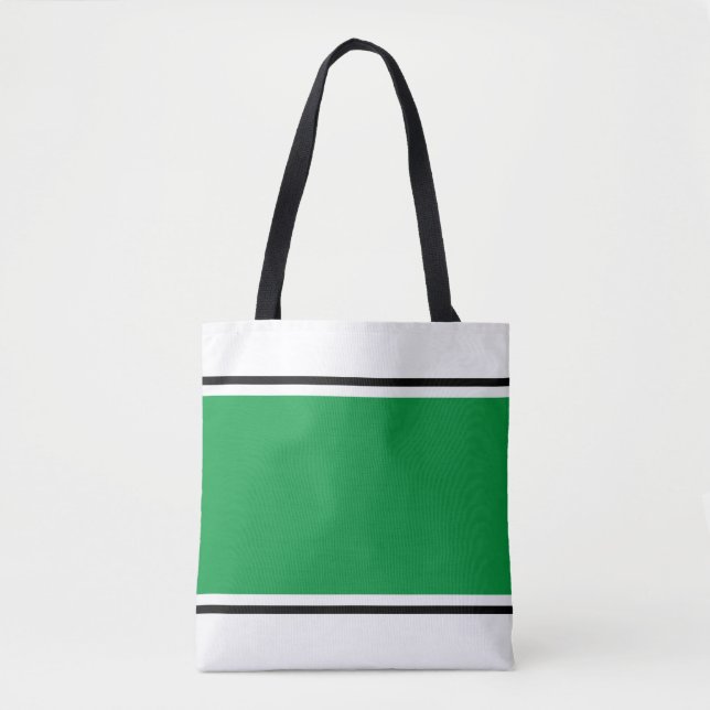 Sporty Bright Green Black Racing Stripes On White Tote Bag (Front)