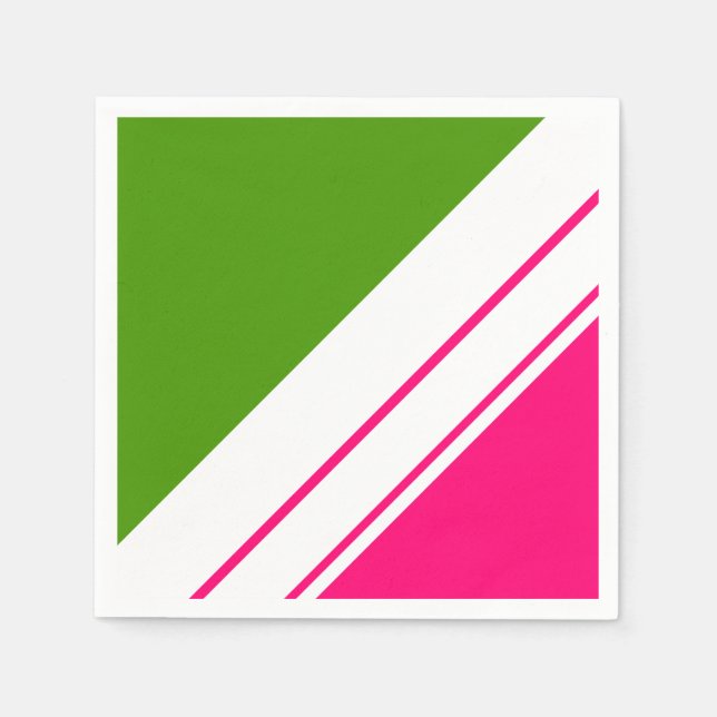 Sporty Bright Pink Lime Green Wide White Stripes Napkin (Front)
