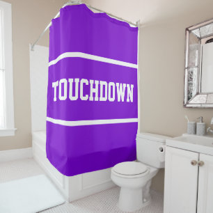 Sporty Bright Purple TOUCHDOWN White Text Stripes Shower Curtain