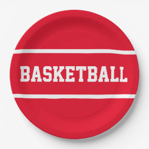 Sporty Bright Red White BASKETBALL Text Stripes Paper Plate