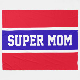 Sporty Bright Red White Blue Stripes "SUPER MOM" Fleece Blanket