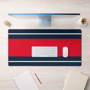 Sporty Bright Red White Navy Blue Racing Stripes Desk Mat
