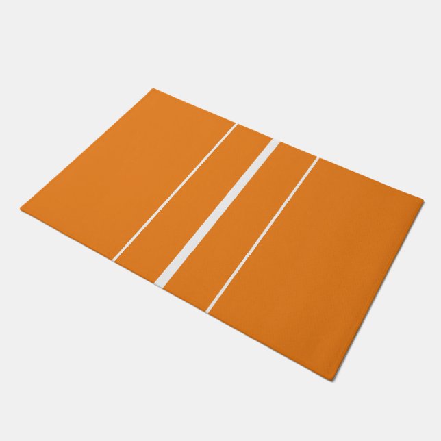 Sporty Bright Vibrant Orange White Racing Stripes Doormat (Angled)