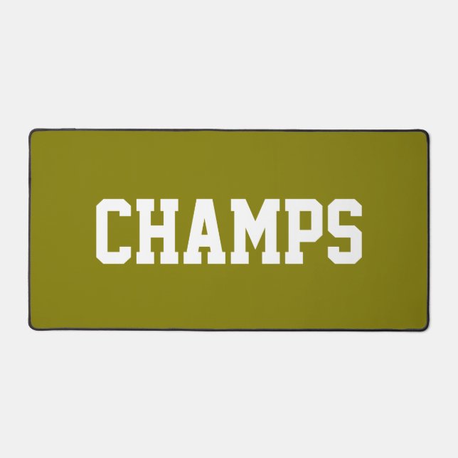 Sporty CHAMPS White Text On Elegant Golden Olive Desk Mat (Front)
