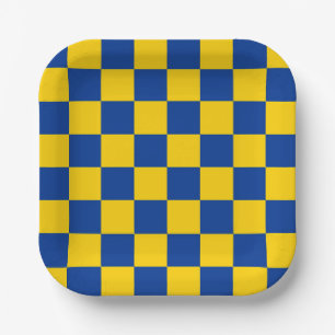 Sporty Checkerboard Blue Gold Team Colors Fun Paper Plate