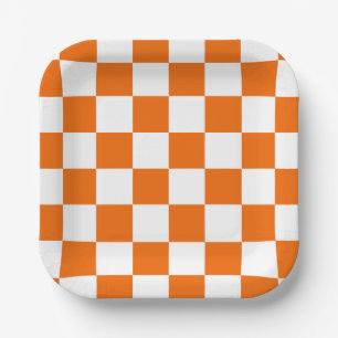 Sporty Checkerboard Orange White Team Colors Fun Paper Plate