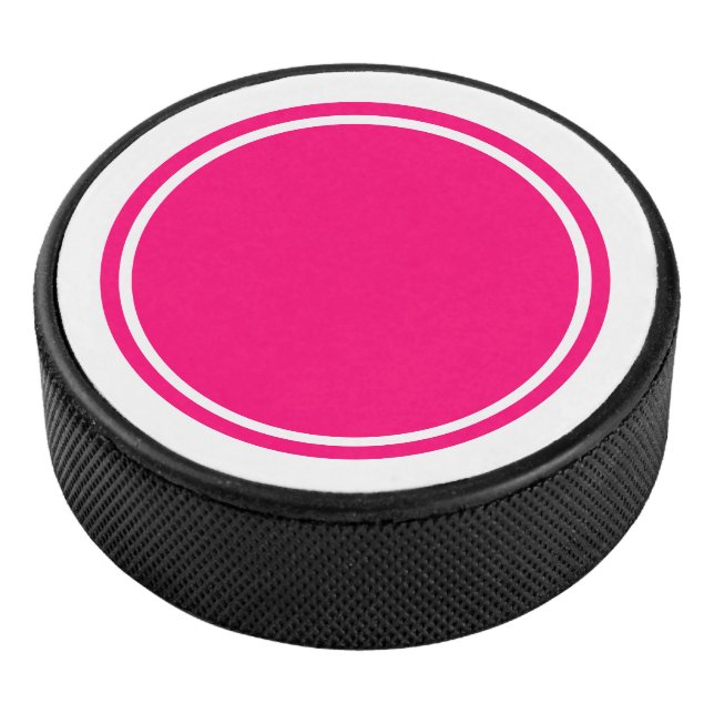 Sporty Circular Bright Pink Centre White Stripes Hockey Puck (3/4)