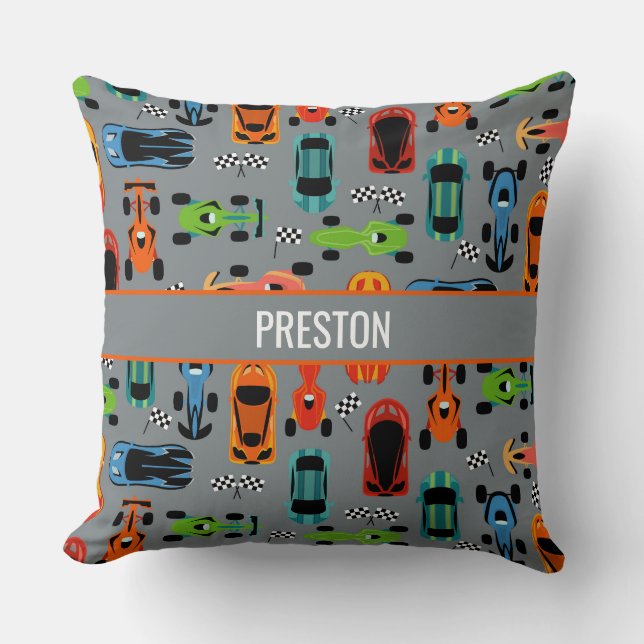 Sporty Colourful Racing Cars Kids Personalised Cushion (Front)