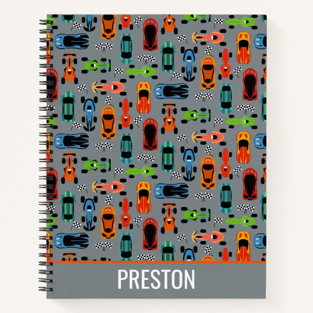 Sporty Colourful Racing Cars Kids Personalised Notebook (Front)