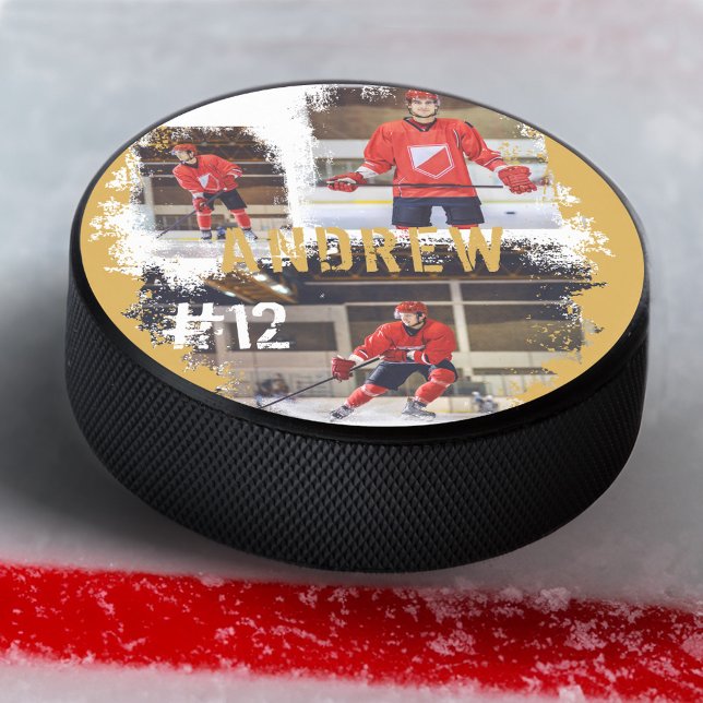 Sporty Custom Player Name & Number 3 Photo Collage Hockey Puck (Sporty Custom Player Name & Number 3 Photo Collage Hockey Puck)