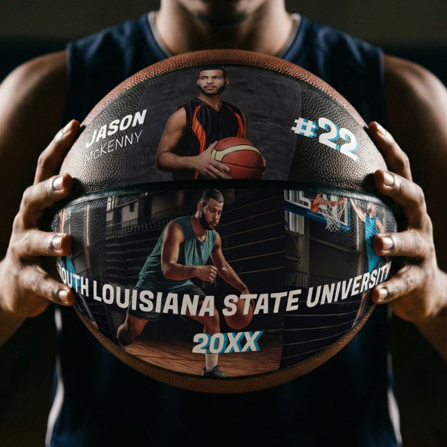 Sporty Custom Player Name & Number 4 Photo Collage Basketball (Sporty Custom Player Name Number Photo Collage Basketball)