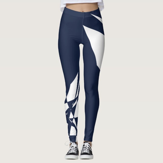 Sporty Dashing Deep Blue White Check Striped Leggings (Front)