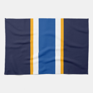 Sporty Deep Blue Navy White Yellow Racing Stripes Tea Towel