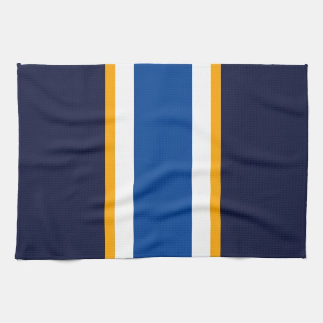 Sporty Deep Blue Navy White Yellow Racing Stripes Tea Towel (Horizontal)