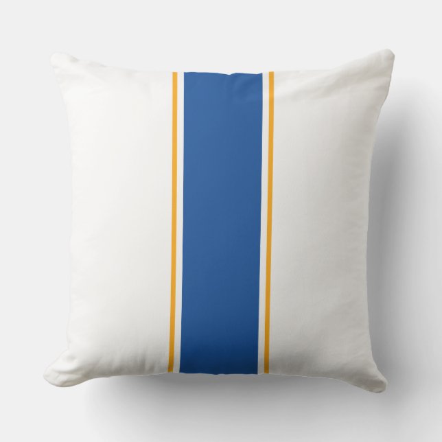 Sporty Deep Blue Orange Racing Stripes On White Cushion (Front)