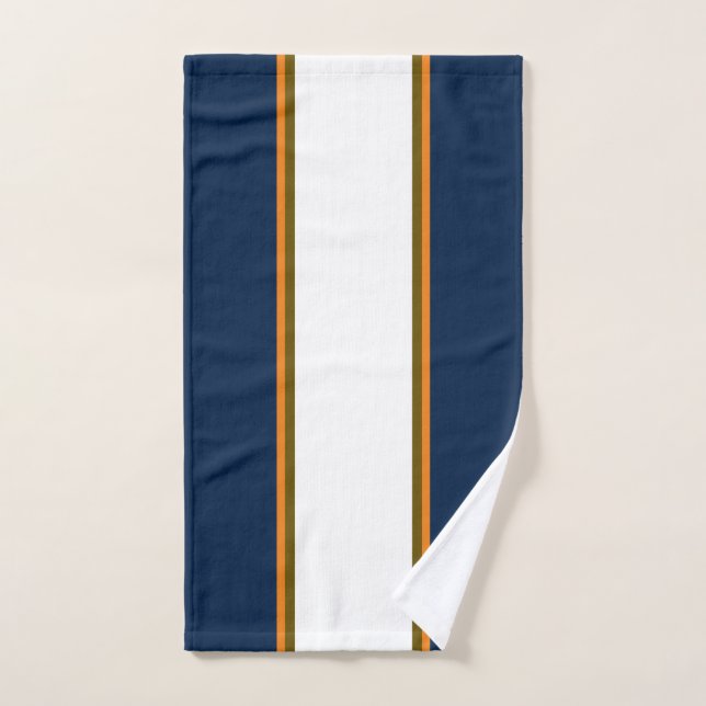 Sporty Deep Navy Blue Orange White Racing Stripes  Bath Towel Set (Hand Towel)