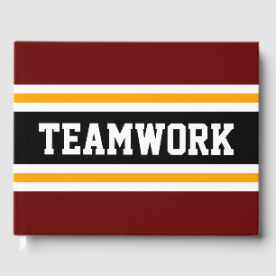 Sporty Deep Red Black Yellow TEAMWORK Stripes Guest Book