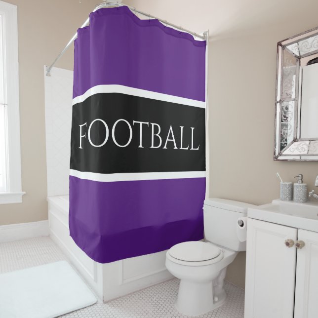 Sporty FOOTBALL Royal Purple Black White Stripes Shower Curtain (In Situ)
