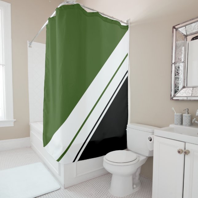 Sporty Forest Green Black White Racing Stripes Shower Curtain (In Situ)