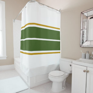 Sporty Forest Green Brown Racing Stripes On White Shower Curtain
