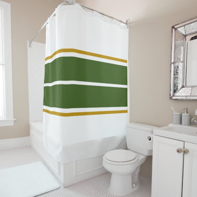 Sporty Forest Green Brown Racing Stripes On White  Shower Curtain (In Situ)