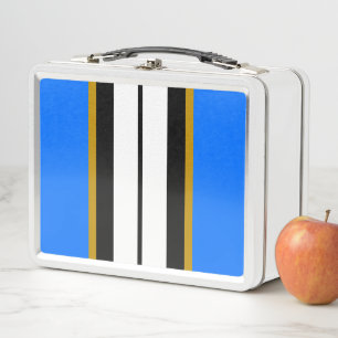 Sporty Fun Bright Blue Black White Racing Stripes Metal Lunch Box