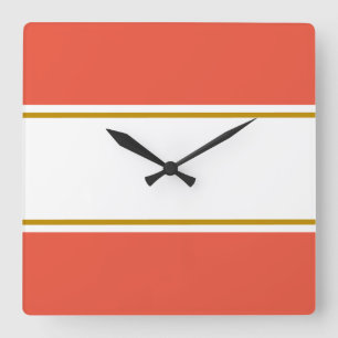 Sporty Fun Bright Orange Wide White Racing Stripes Square Wall Clock