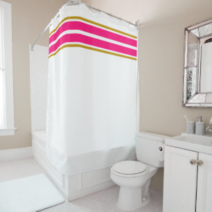 Sporty Fun Bright Pink Top Racing Stripes On White Shower Curtain