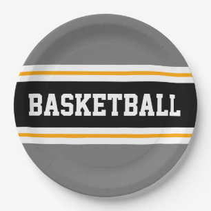 Sporty Fun Grey Black Yellow BASKETBALL Stripes Paper Plate