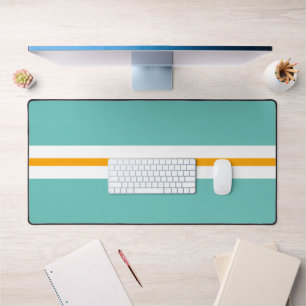 Sporty Fun Light Teal White Yellow Racing Stripes Desk Mat