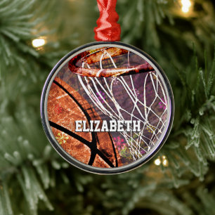 Sporty Girls Basketball and Hoop her name Metal Tree Decoration