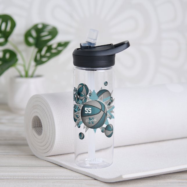 sporty girl's teal grey basketball blowout water bottle (Yoga)