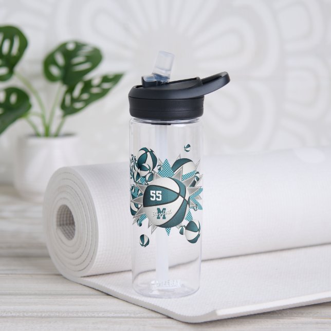 sporty girl's teal white basketball blowout water bottle (Yoga)