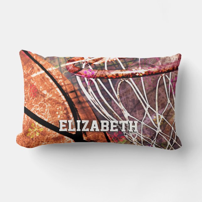 Sporty Girly Basketball and Hoop Pink Purple Lumbar Cushion (Front)