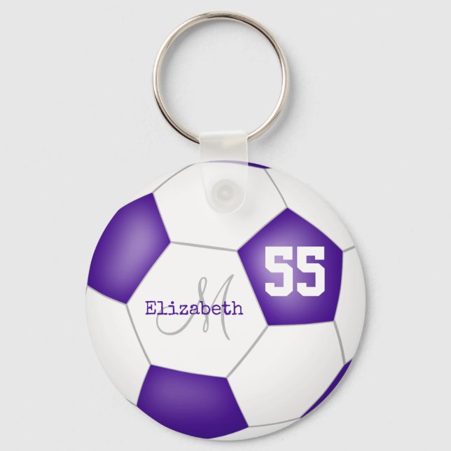 sporty girly purple and white soccer ball key ring (Front)