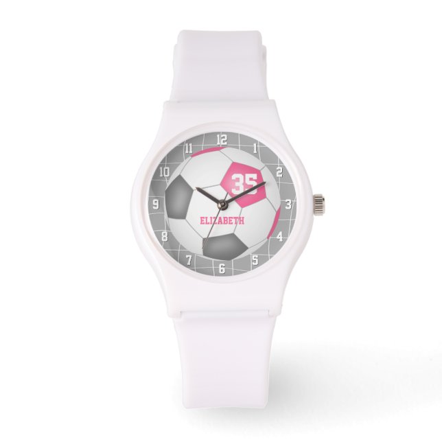 sporty goal net detail pink grey white soccer watch (Front)