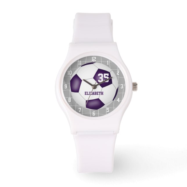 sporty goal net detail purple white soccer watch (Front)