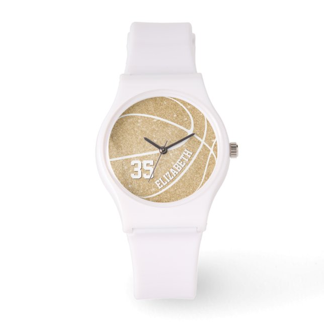 sporty gold girls' basketball personalised watch (Front)
