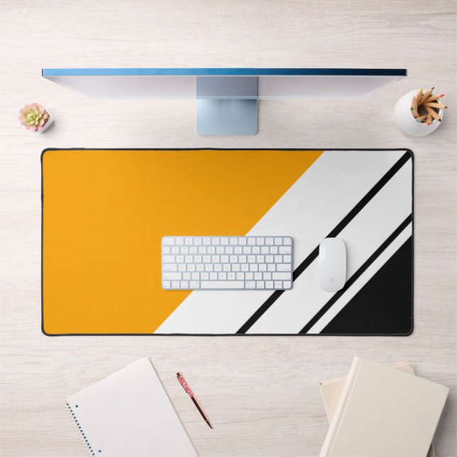 Sporty Golden Yellow Black White Racing Stripes Desk Mat (Office 1)