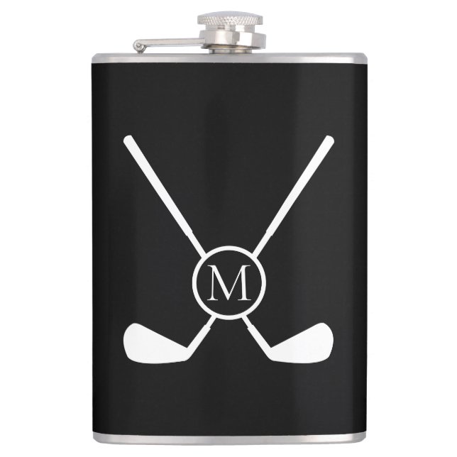 Sporty Golf Clubs Illustration White Monogram Hip Flask (Front)
