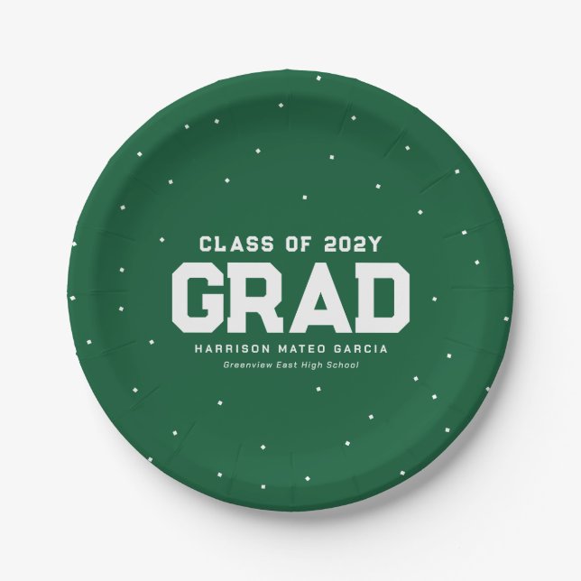 Sporty grad athlete green personalised graduation paper plate (Front)