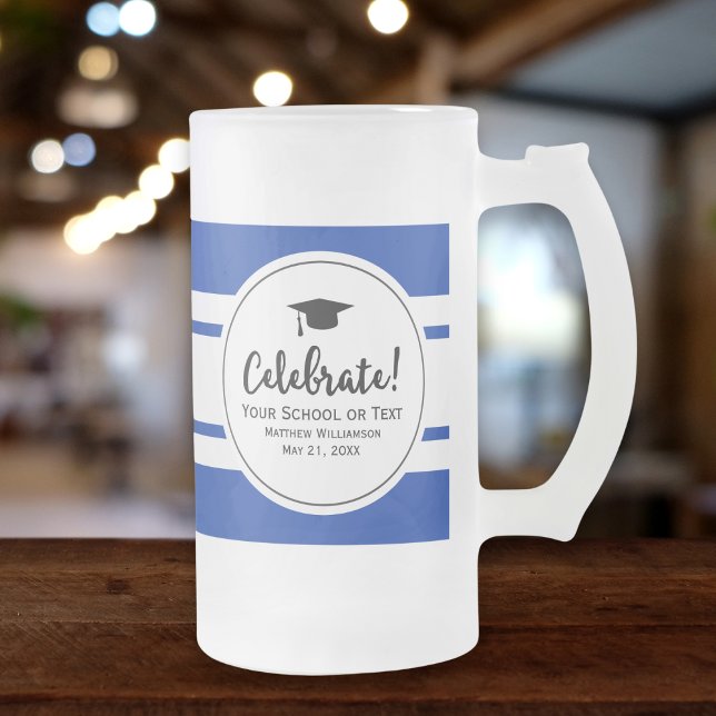 Sporty Graduation Modern Collegiate Blue Stripe Frosted Glass Beer Mug (Creator Uploaded)
