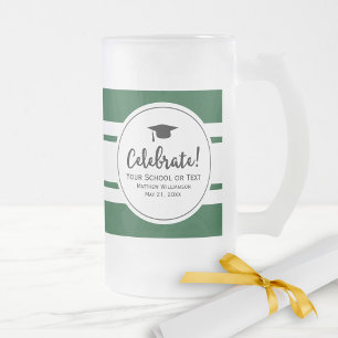 Sporty Graduation Modern Collegiate Green Stripe Frosted Glass Beer Mug