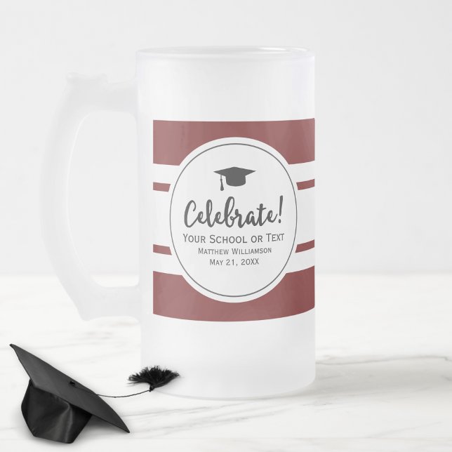 Sporty Graduation Modern Red Collegiate Stripe Frosted Glass Beer Mug (Creator Uploaded)