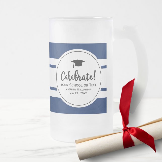 Sporty Graduation Modern Royal Blue Preppy Stripe Frosted Glass Beer Mug (Creator Uploaded)