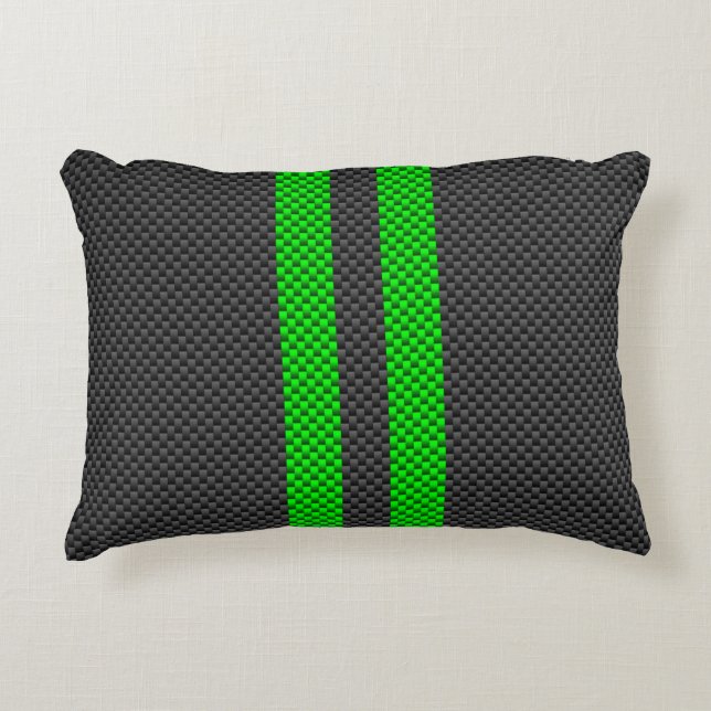 Sporty Green Carbon Fibre Style Racing Stripes Decorative Cushion (Front)