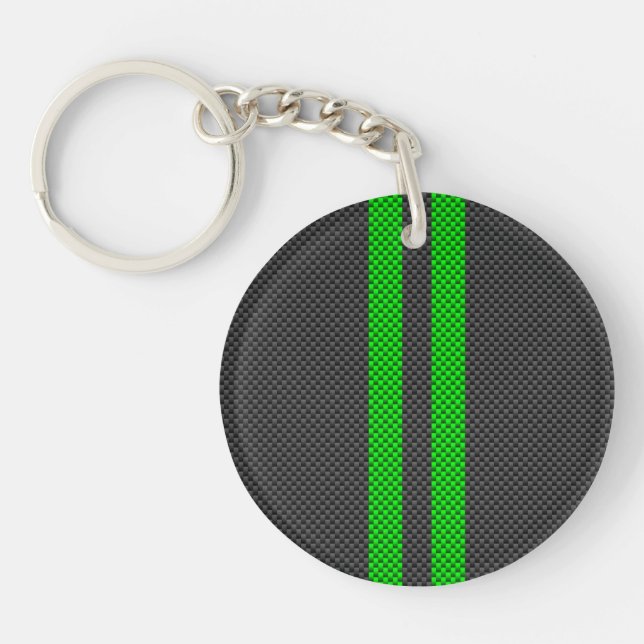 Sporty Green Carbon Fibre Style Racing Stripes Key Ring (Front)