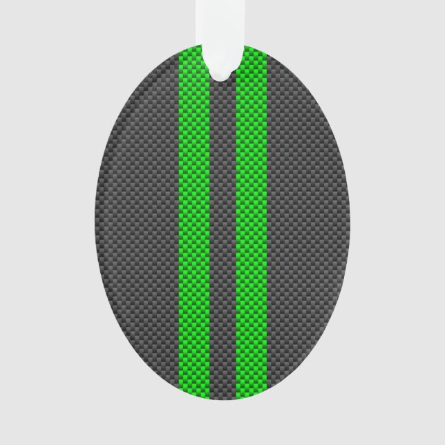 Sporty Green Carbon Fibre Style Racing Stripes Ornament (Front)