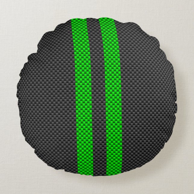Sporty Green Carbon Fibre Style Racing Stripes Round Cushion (Front)