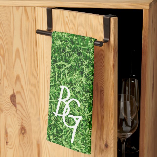 Sporty Green Grass Background Monogram Initials Tea Towel (Thirds Fold)